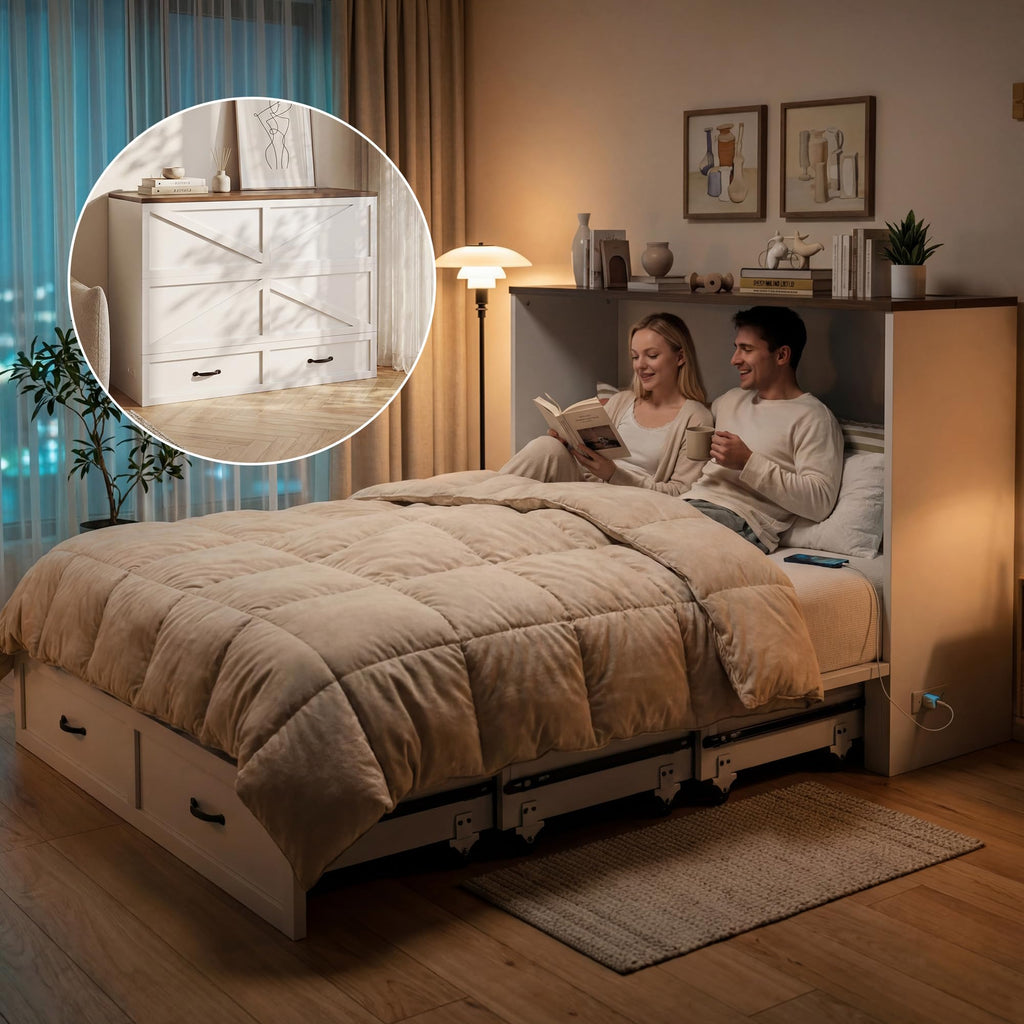 Queen Murphy Bed Frame with Charging Station, Freestanding Cabinet Murphy Bed with Fold-Down Panel & Reinforced