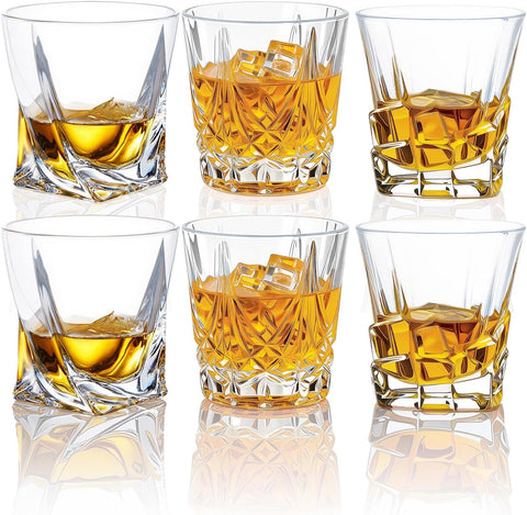 Crystal Whiskey Glasses Set of 6-10oz Old Fashioned Rocks Glasses with 3 Unique Designs - Heavy Base Tumblers for