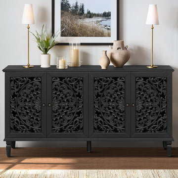 Vintage Sideboard Buffet Table Accent Credenza Storage Cabinet with 4 Hollow Carving Doors Adjustable Shelves Wood