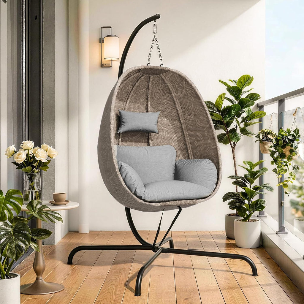 Foldable Egg Chair with Stand, 485LBS Capacity Textilene Hammock Swing Chair for Outdoor & Indoor, Hanging Chair with