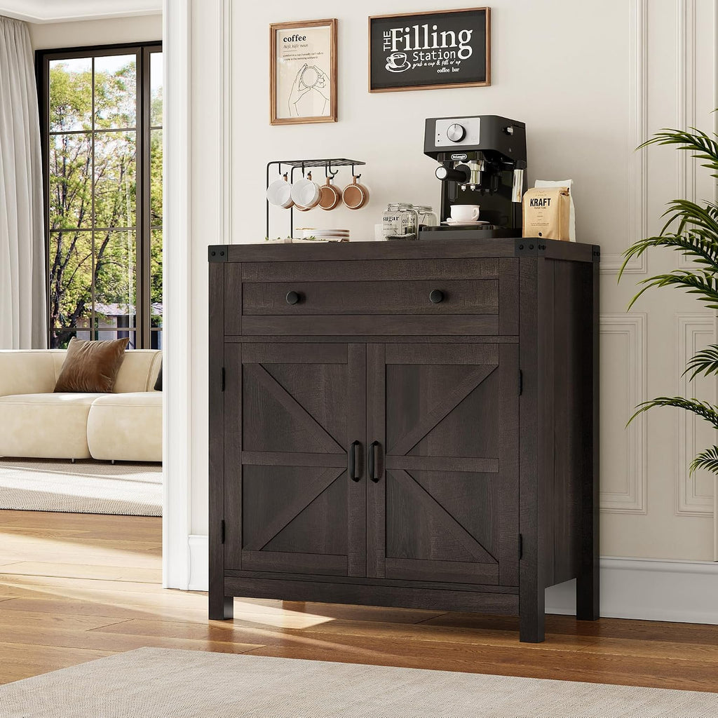 Kitchen Storage Cabinet, Farmhouse Coffee Bar Cabinet, Dark Brown | Small Buffet Cabinet with Doors & Wide Drawer