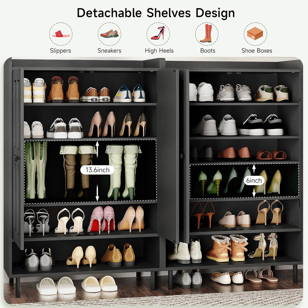 Shoe Cabinet with Cross Molding Doors, 6-Tier Shoe Storage Cabinet with 3 Adjustable Shelves and Metal Legs, 45''