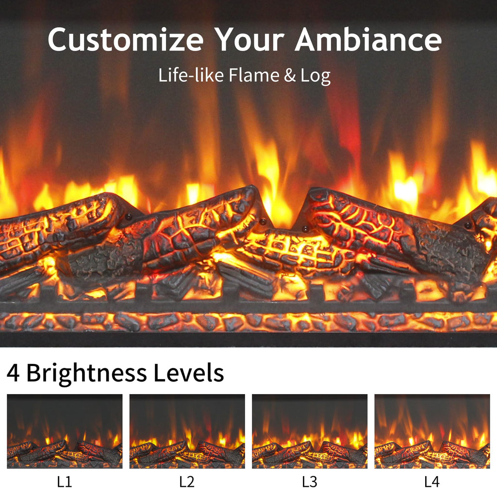 30" Electric Fireplace Insert, Realistic Flame & Log Set, 4-Level Brightness, 1400W Fireplace Heater with Thermostat