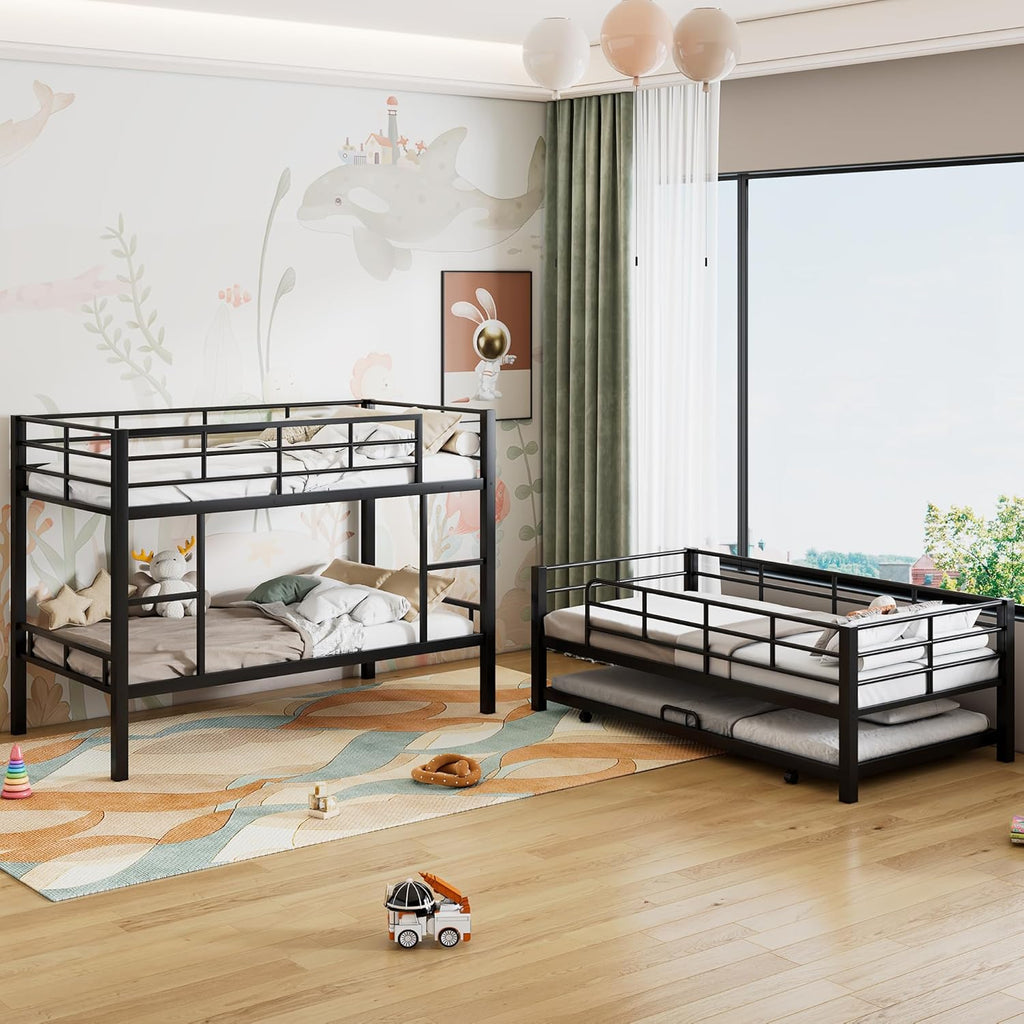 Triple Bunk Bed with Trundle Guardrail & Ladder Twin Metal, No Box Spring Needed, Easy Assemble