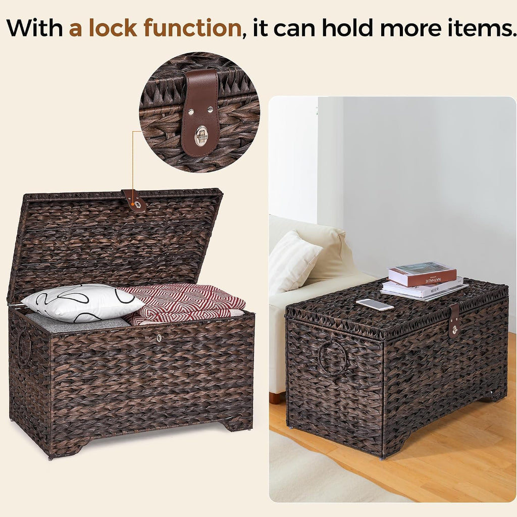 165L Handwoven Wicker Storage Basket with Lid, Large Storage Trunk | Leather Buckle Closure; Waterproof PP Wicker;
