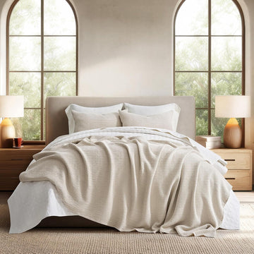 100% Cotton Waffle Bed Blanket King, Soft Premium Cotton Coverlet Set with 2 Matching Shams, Lightweight All Season