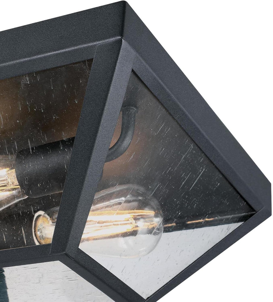 Wyndham 12 Inch Transitional Two-Light Outdoor Flush Mount Ceiling Light, Textured Black Finish, Clear Seeded Glass
