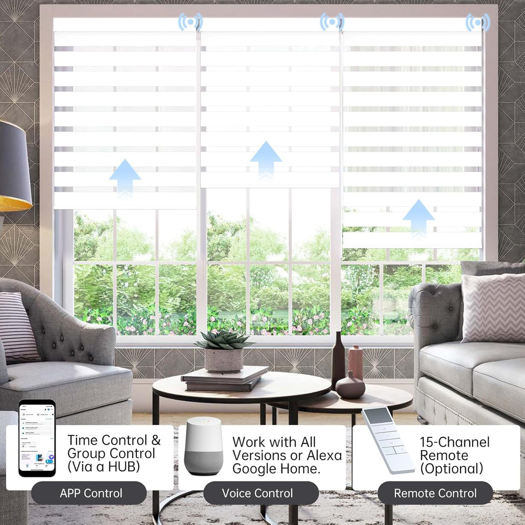Motorized Zebra Blinds with Remote, Smart Dual Layer Shades Compatible with Alexa, Automatic Room Darkening
