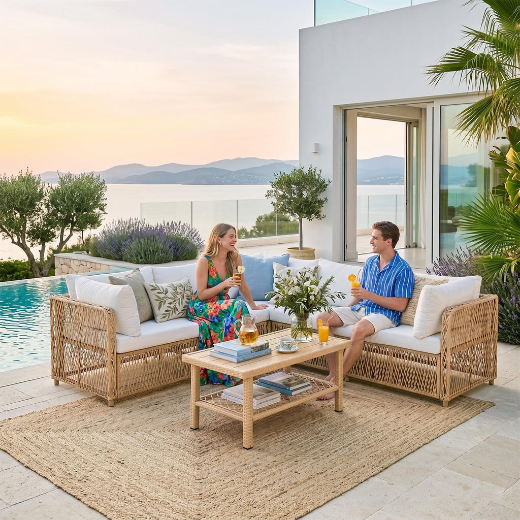 Patio Sectional Furniture Set with Waterproof Cover, Oversized Wicker Outdoor Furniture Set w/Water-Resistant Fabric