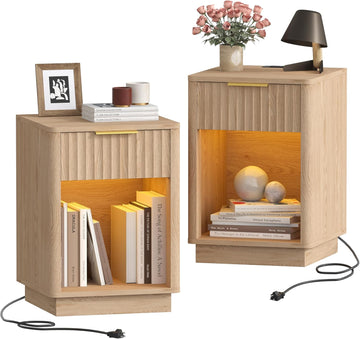 Fluted Nightstands Set of 2, Wooden Night Stand with Charging Station and LED Light, Modern Mid Century Bed Side End