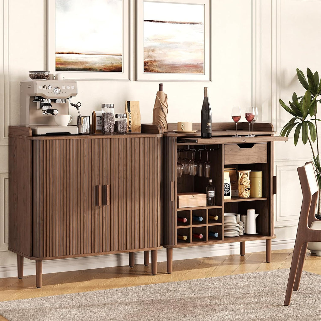 Fluted Bar Cabinet with Storgae, Wine Cabinet, 33" H, Walnut | Coffee Bar Cabinet, Liquor Cabinet, with Charging
