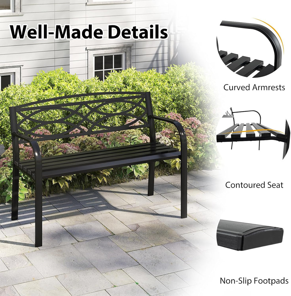 Outdoor Metal Garden Park Bench, Heavy-Duty Metal Slatted Loveseat for 2 People with Curved Armrests & Backrest