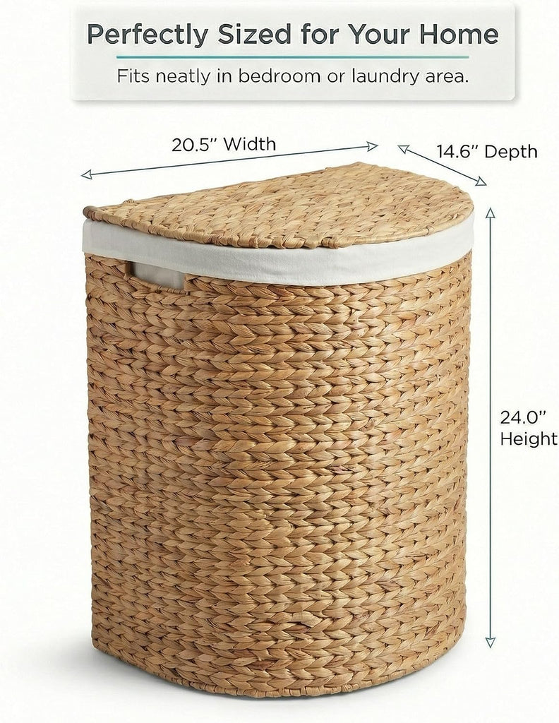 TM Water Hyacinth Laundry Hamper with Lid Stylish Half Moon Basket | Removable Liner and Lid, Handwoven, With