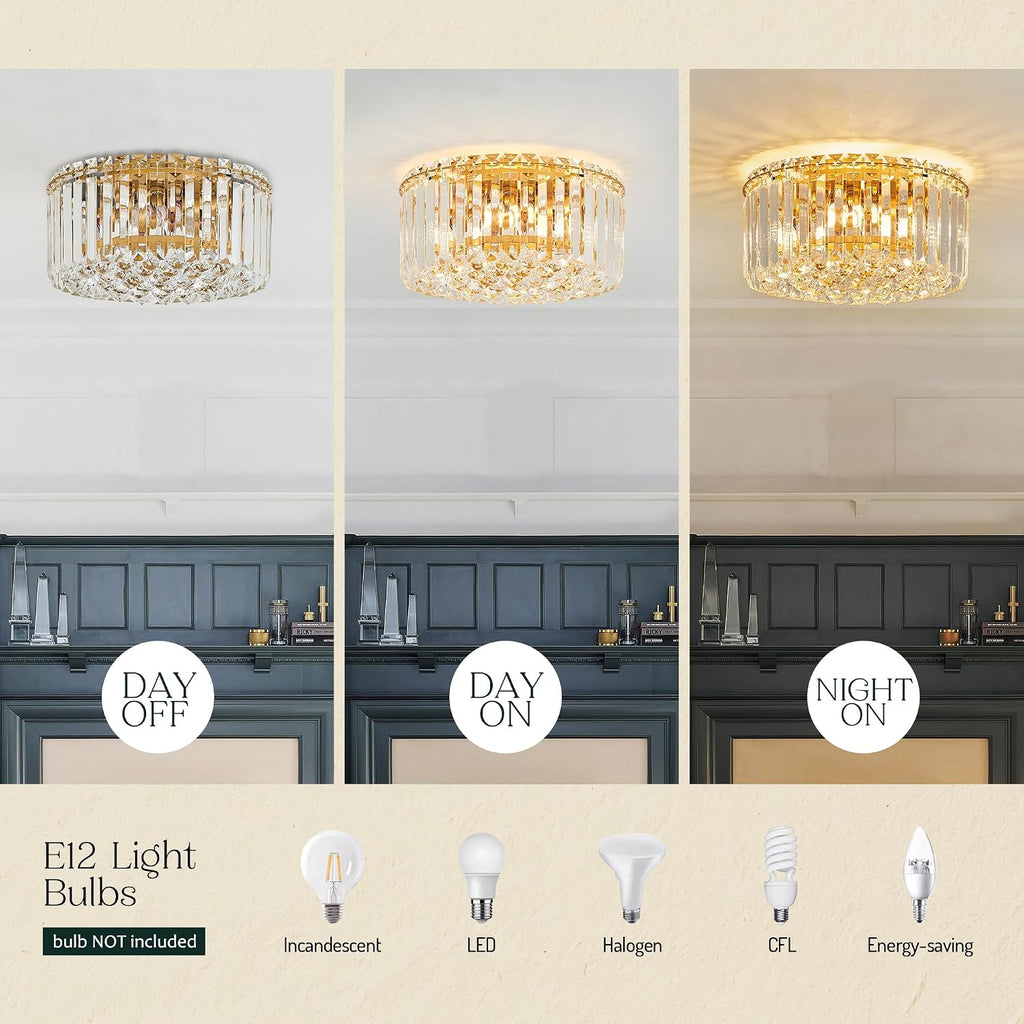 12.6" Gold K9 Crystal Raindrop Flush Mount Ceiling Light, Modern Chandelier, Round Luxury Light Fixture