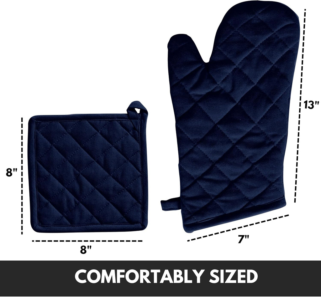 Oven Mitt (7"x13") & Pot Holder (8"x8") 100% Cotton Set of Heat Resistant Oven Gloves & Hot Pads for Gifts, BBQ