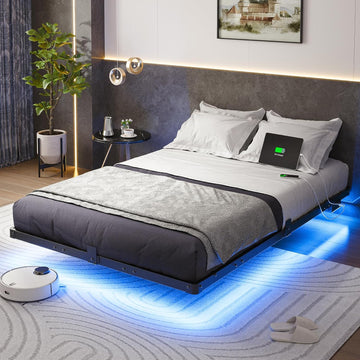 Full Modern Floating Bed Frame with Smart LED Lights, USB Charging Station, Sturdy Metal Platform