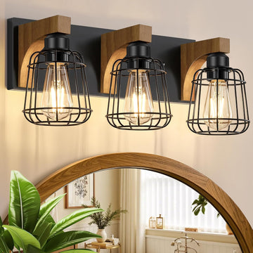 3-Light Bathroom Light Fixtures, Wood Bathroom Wall Lights, Modern Bathroom Vanity Light with Cage Metal Shade