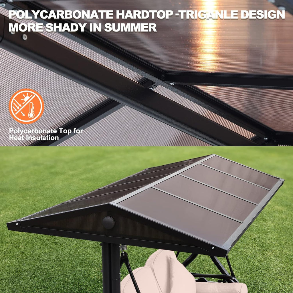 Hardtop Patio Porch Swing with Convertible Backrest & Side Tables | UV protection hardtop, Convertible Backrest, 2