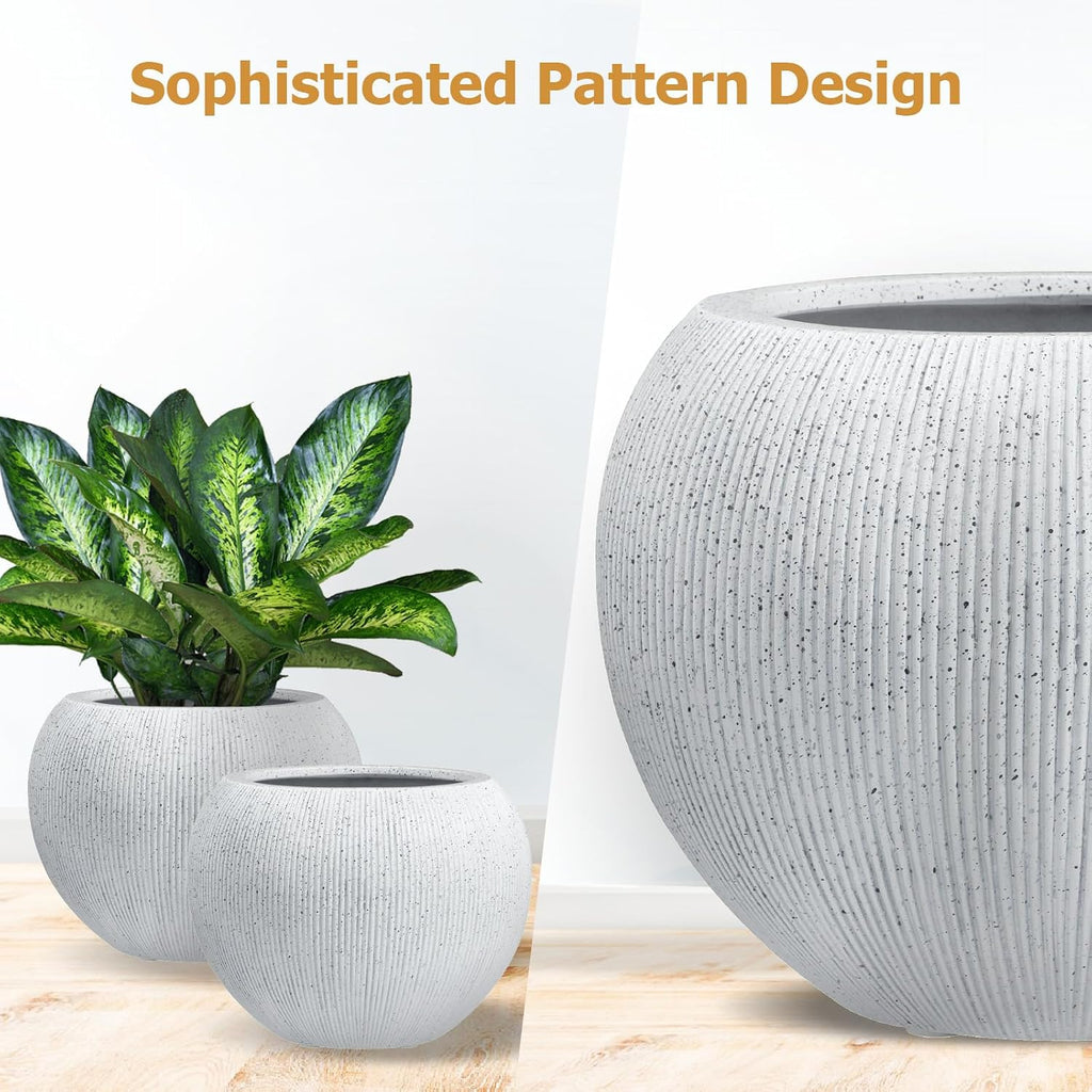 16" H x 20" D Premium Globo Fiberstone Planter - Speckled White | 13.5" Pot Opening, Ribbed, Included 2 Extra Coco