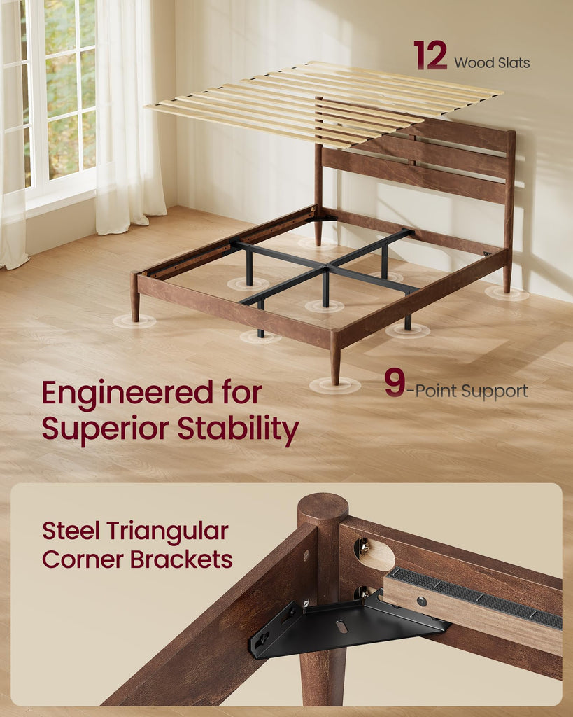 Full Bed Frame, Wood Platform Bed with Headboard Storage Shelf