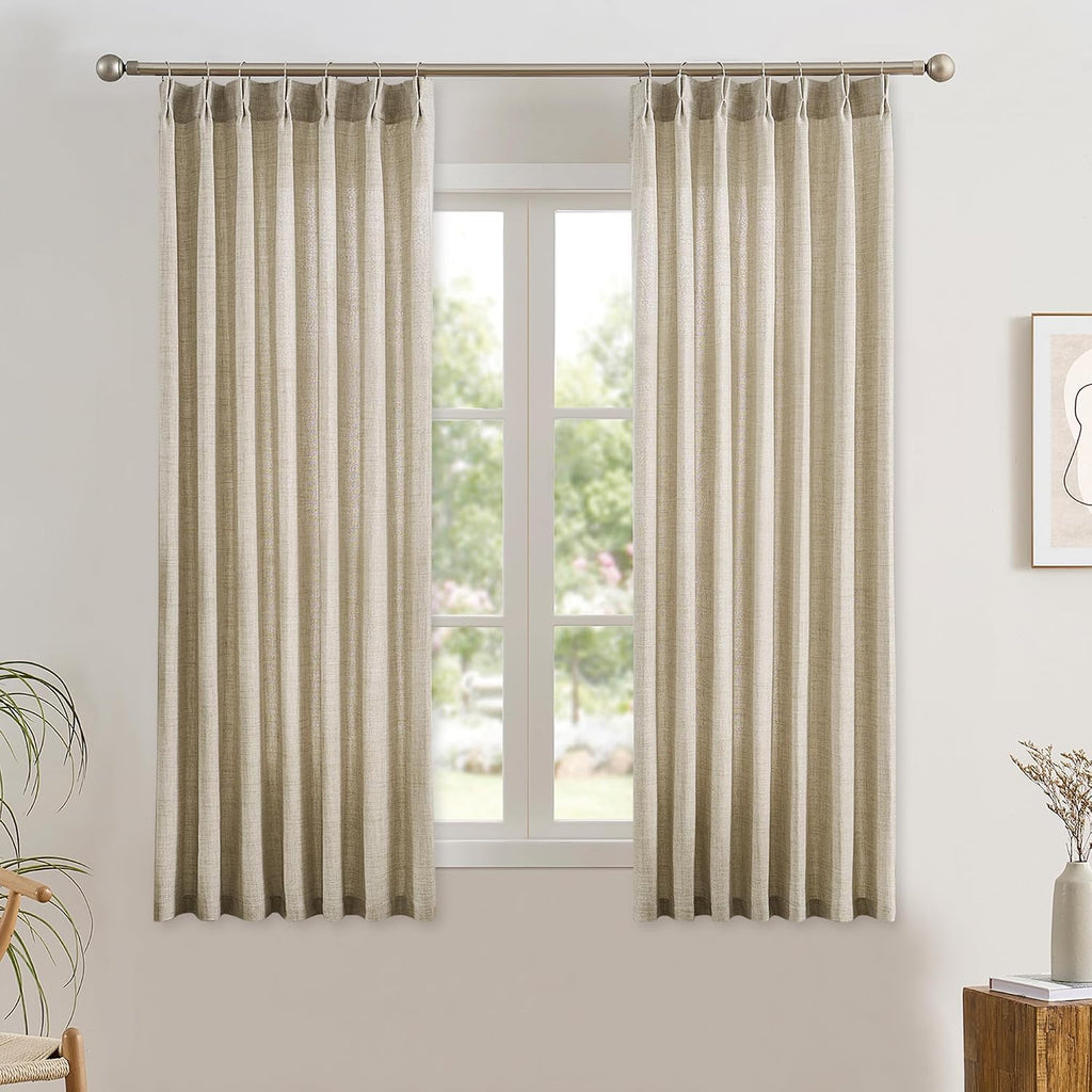 Beige Sheer Pinch Pleated Curtains 96 Inches Long 2 Panels,Back Tab Pleated Drapes Hooks Thick Linen Textured Boho