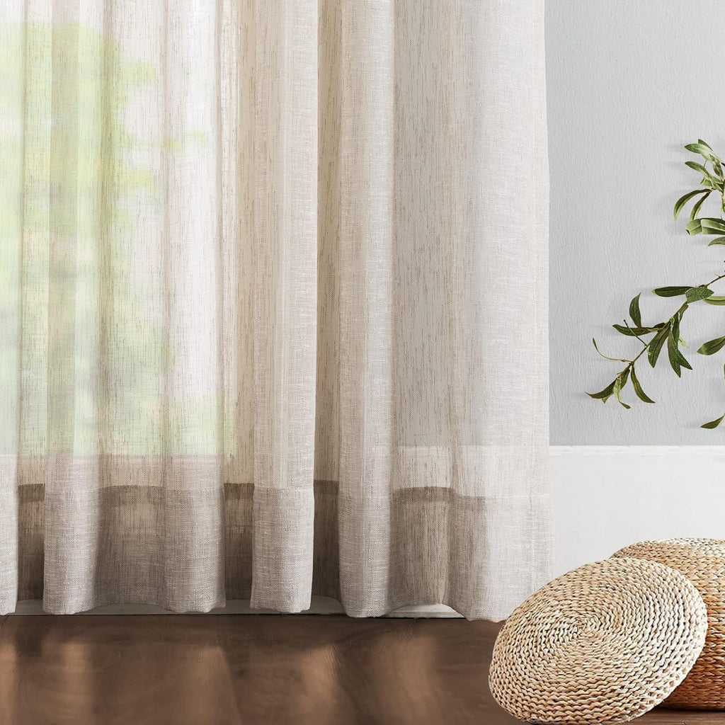 Sheer Curtains, Faux Linen Double Pleated Window Sheer Curtains Panels Drapery for Home, Hotel, Office