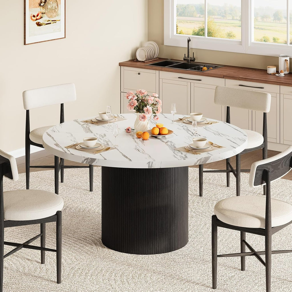 Round Kitchen Dining Table for 4-6 People, 47 inch Mid-Century Circle Dinner Tables, Rustic Wood Base in Fluted