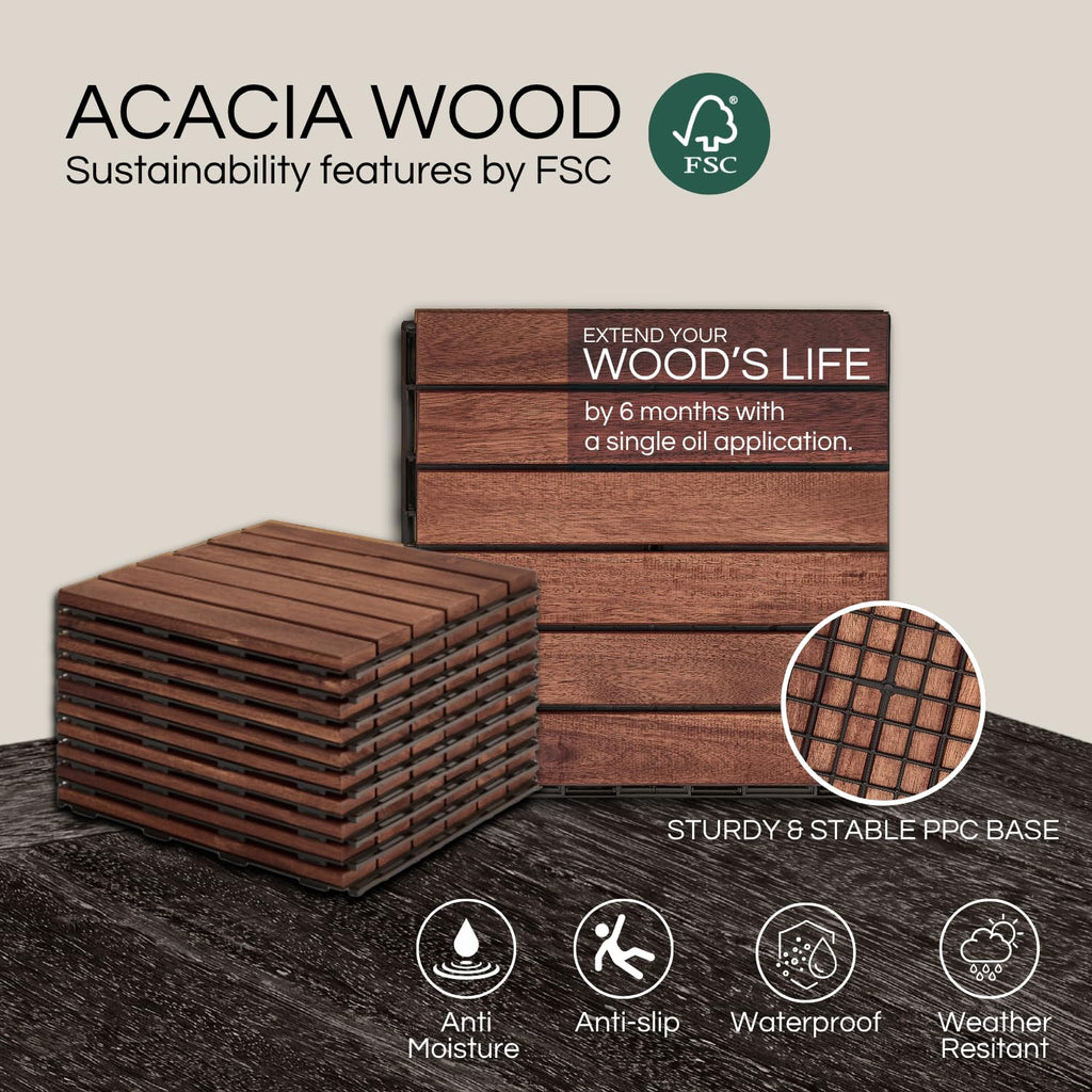 Premium Deck Tiles, Patio Flooring - Set 10 Pcs 12”x12”x0.9” Interlocking Deck Tiles, Waterproof Acacia Wood for
