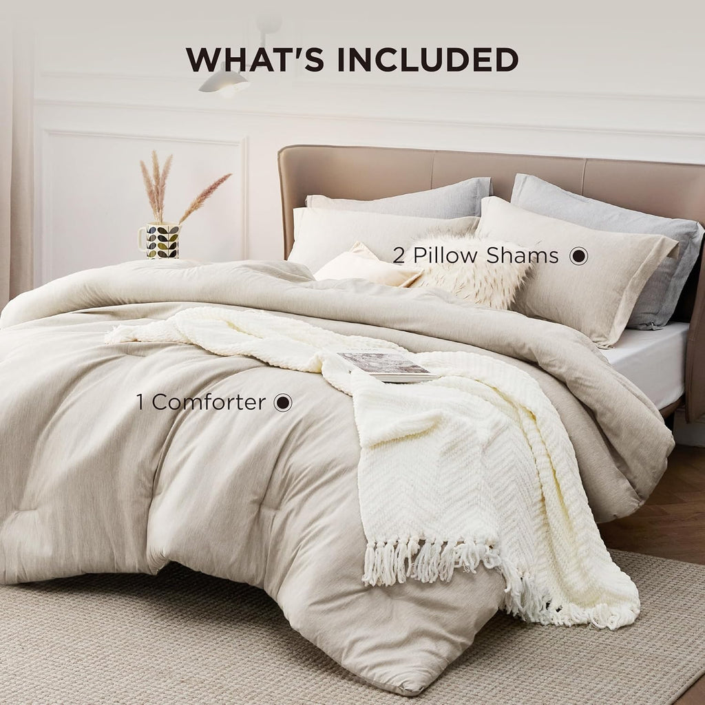 Comforter Set - Beige Soft Bedding for All Seasons, Cationic Dyed Bed Set, 3 Pieces