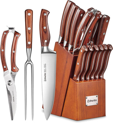 Kitchen Knife Set, 16 Pcs Stainless Steel Knife Block Set with Wood Handle | Kitchen Knife Set with Sharpener