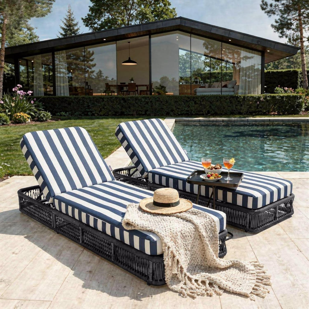 Outdoor Chaise Lounge Chair, 6-Pos Recliner, 2-Pack, Gray/Stripe Blue | 6 Adjustable Backrest Pool Lounge Chair