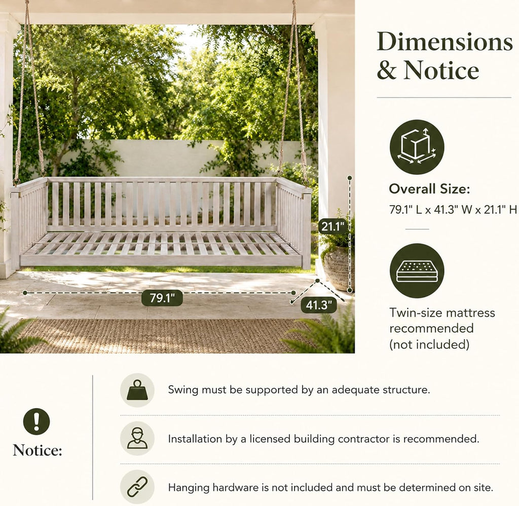 Patio Swing Bed, Twin Size Acacia Wood Porch Swing | Acacia wood frame, twin mattress fit, sloped seat design, 350 lb