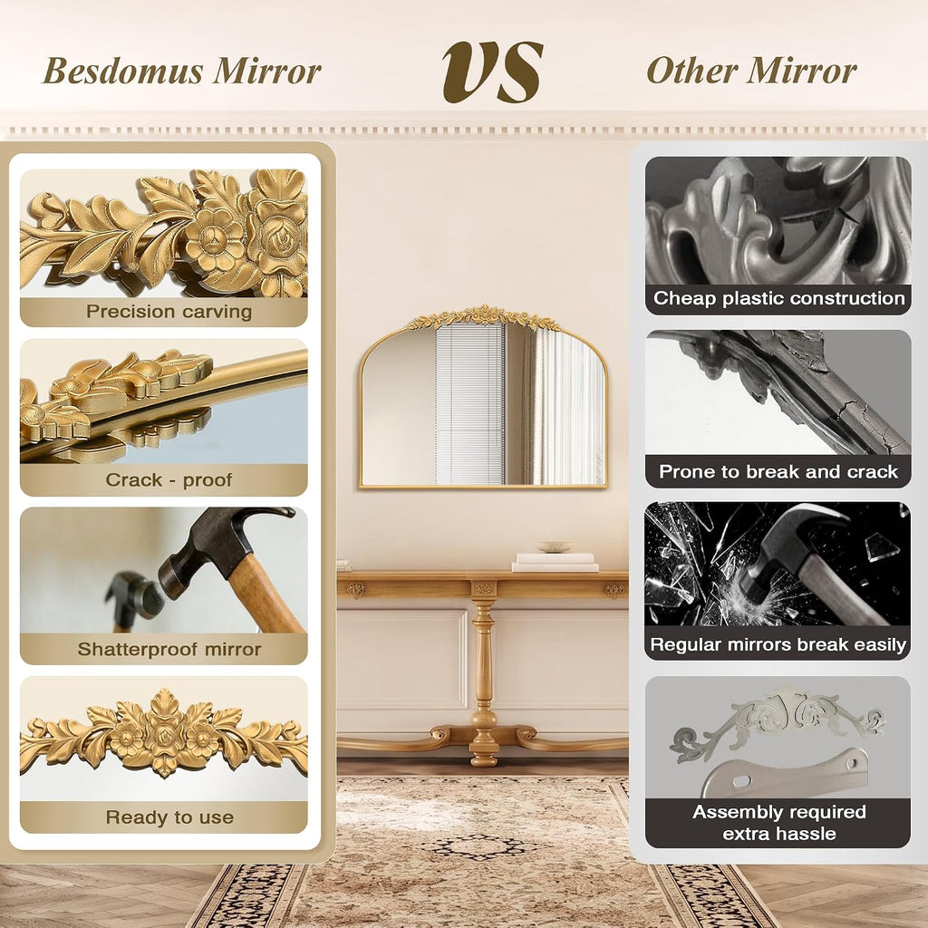 Vintage Gold Arched Mirror: 32"x24" French Baroque Antique Mirror, Traditional Ornate Decorative for