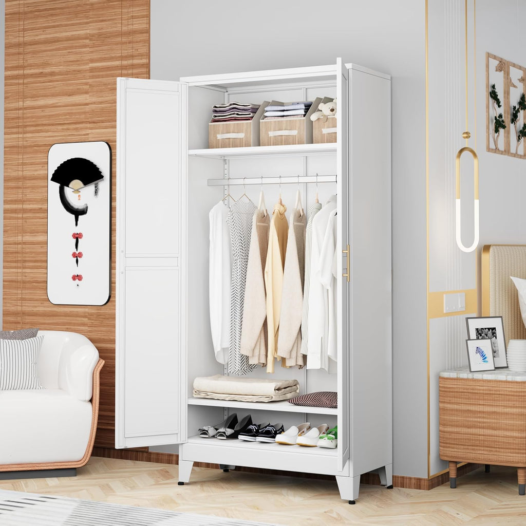Metal Armoire Wardrobe Closet Storage Cabinet with Hanging Rod,71'' Metal Wardrobe Cabinet with 2 Doors and 2