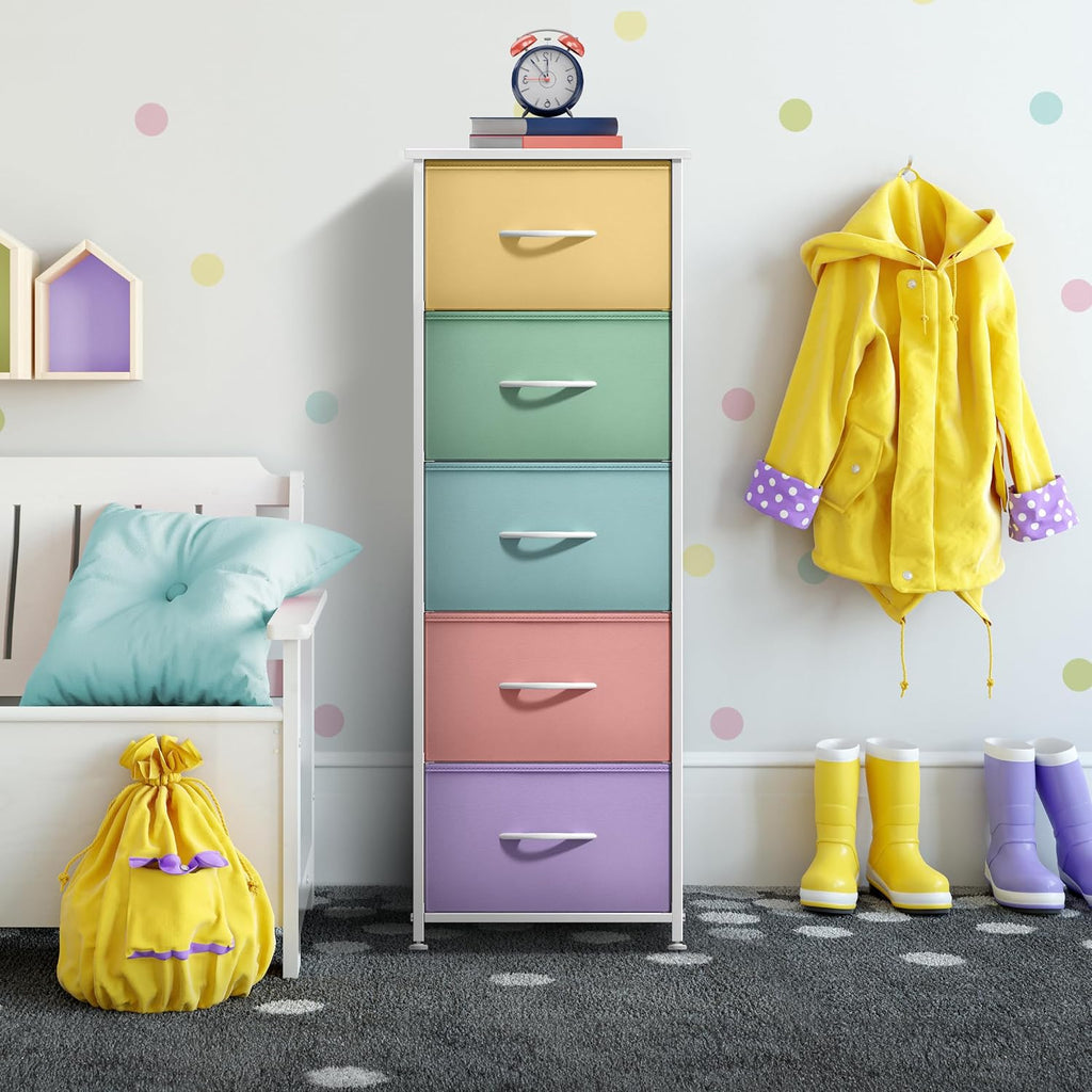 Fabric Dresser for Kids Bedroom - Chest of 5 Drawers, Tall Storage Tower, Clothing Organizer, for Closet, , Steel