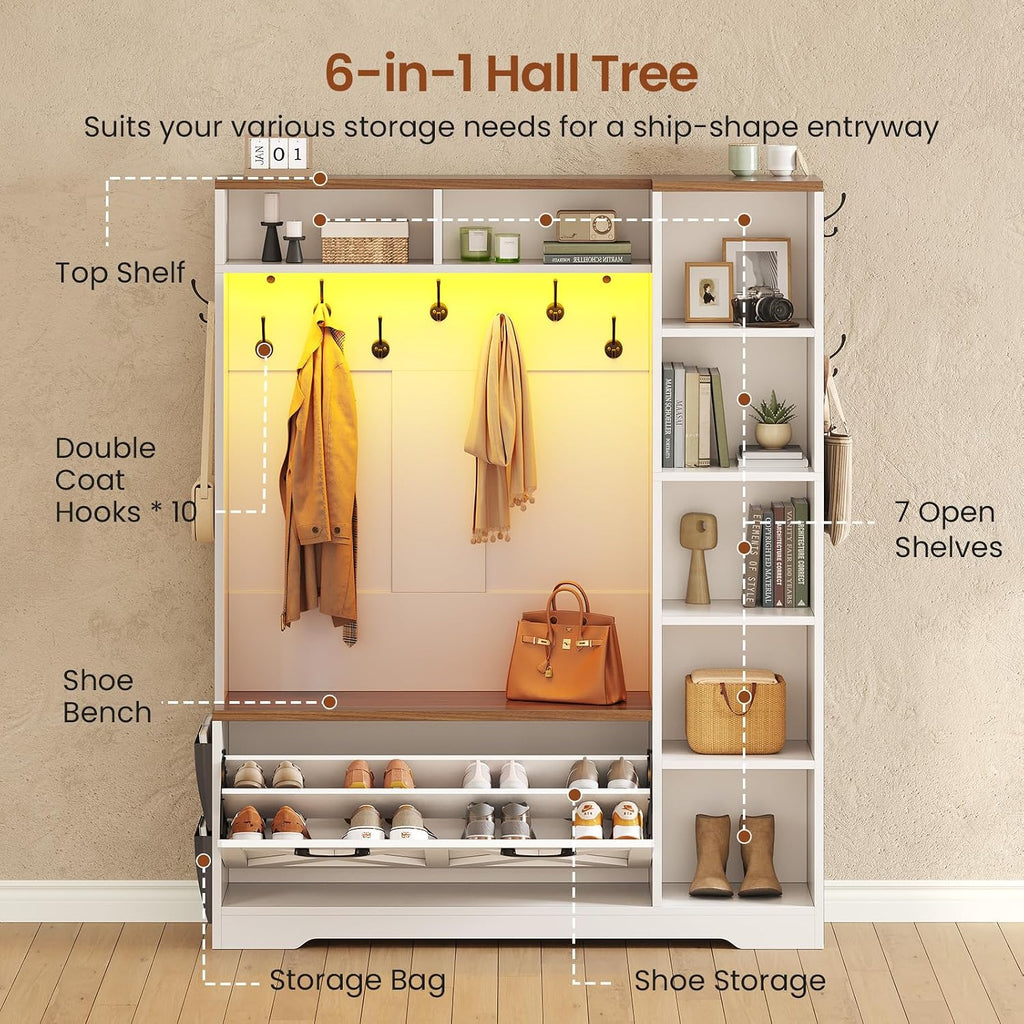 Hall Tree with Bench and Shoe Storage, Farmhouse Entryway Bench with Coat Rack, Shoe Cabinet with Flip Drawers, 7