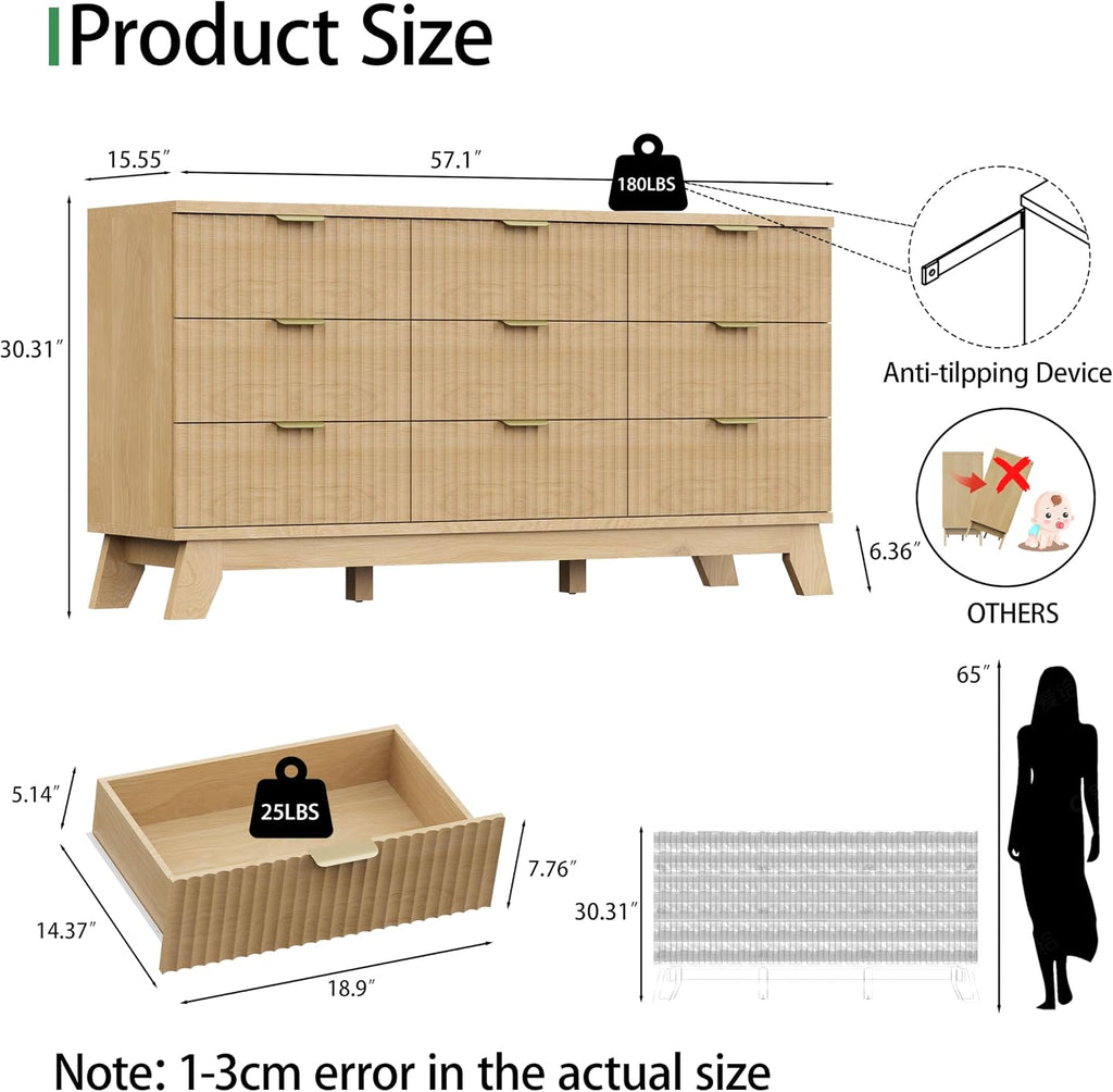 Fluted Dresser with 9 Drawers, 57" Wide Modern Chest of Drawers with Metal Handle, Wooden Dresser TV Stand, Wood