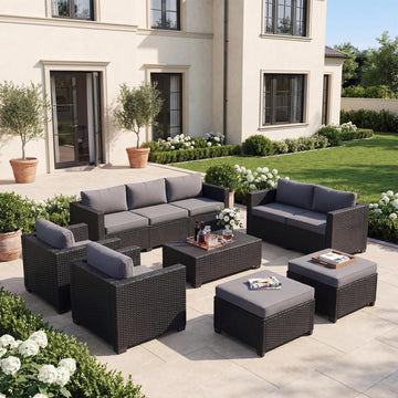 7-Piece Outdoor Patio Furniture Set, Grey | Rattan Outdoor Sectional with Thick Waterproof Cushions, Ottomans &