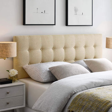Tufted Button Linen Fabric Upholstered Queen Headboard in Beige