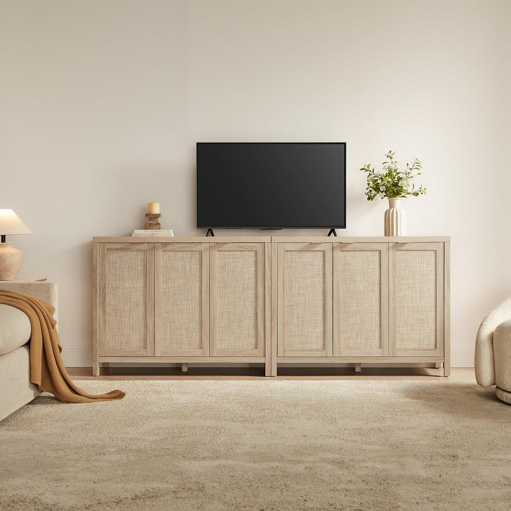 Rattan Buffet Cabinet with Storage 43.5" Sideboard Cabinet with 3 Doors & Adjustable Shelves Wood Sideboard Credenza