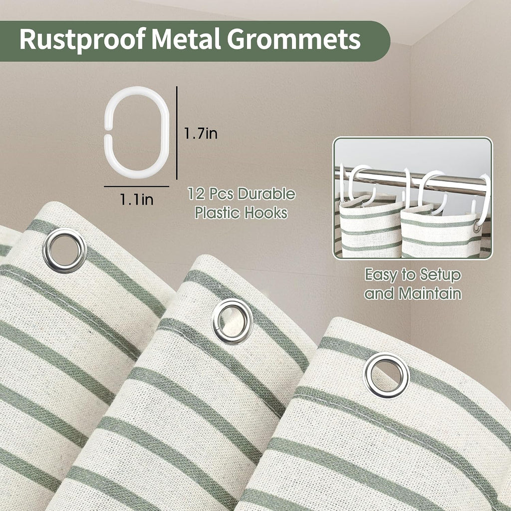 Green Linen Look Shower Curtain - Rustic Boho Farmhouse Style Decor, Waterproof & Wrinkle-Resistant Fabric, 72"x72"