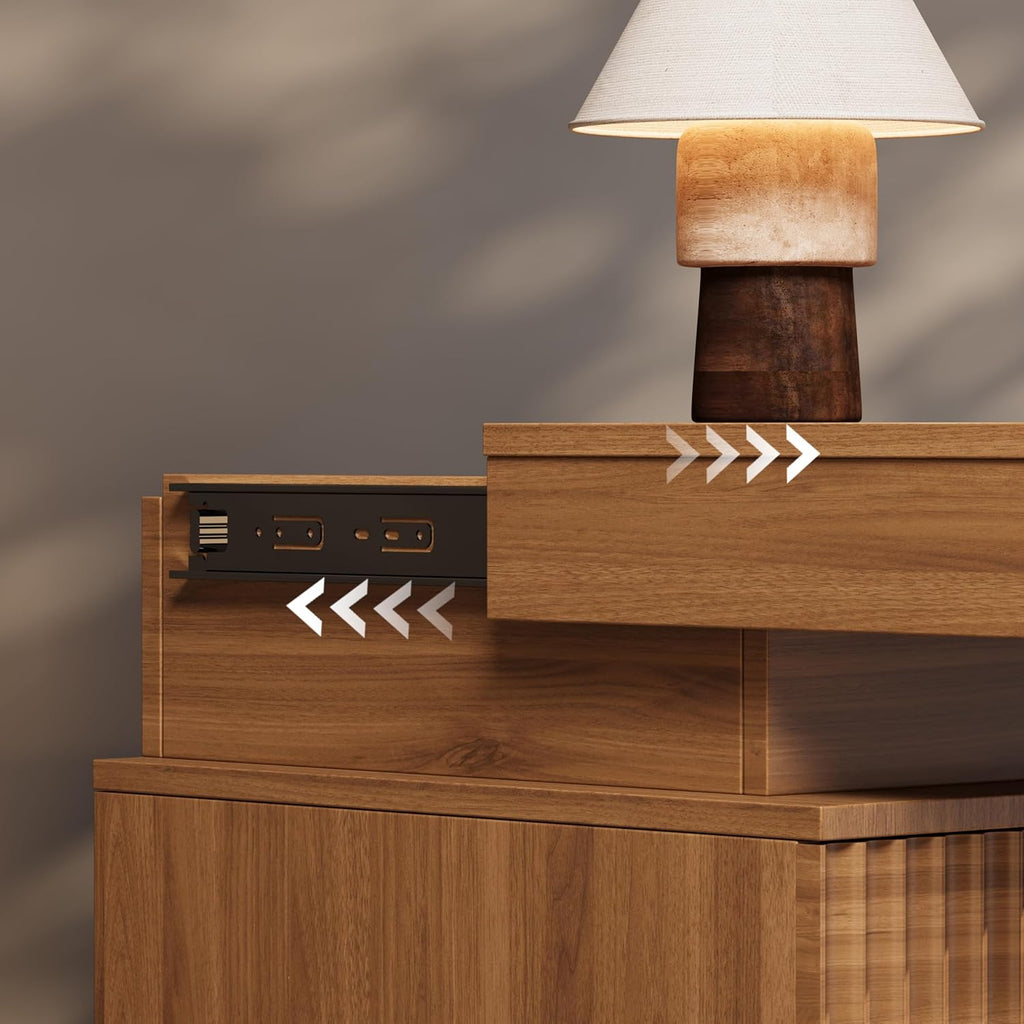 Fluted Nightstand with Charging Station and LED Light, Bedside Table with Sliding Top, USB Ports and AC Outlets, 3