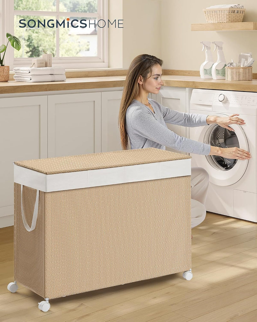 Laundry Hamper with 4 Section, 180 L Large Rolling Laundry Basket with Wheels, Rattan Clothes Basket with Lid