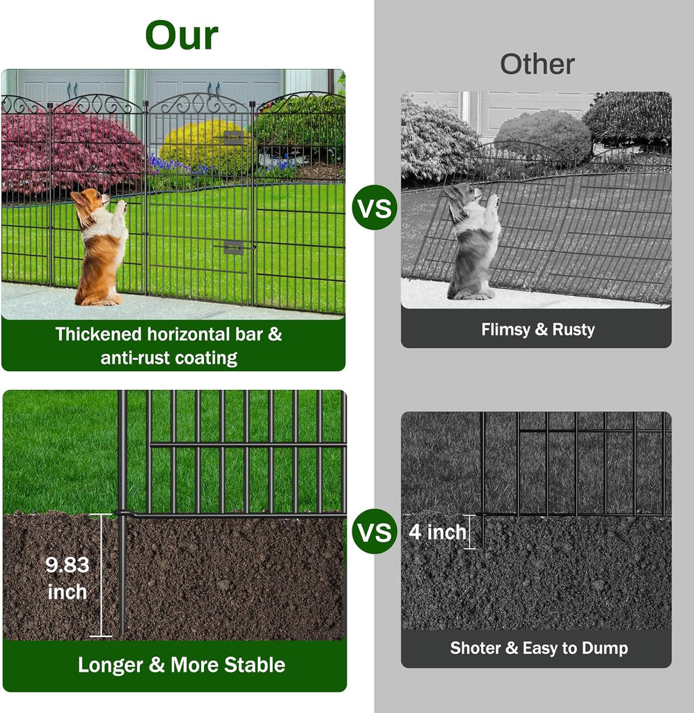 12 Panel No Dig Decorative Garden Fence with Gate - 42in H x 25.67 ft L, Tall Animal Barrier for Dogs Rabbits