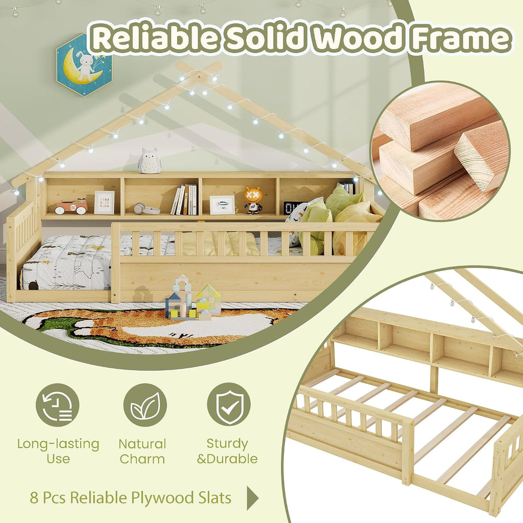 Twin Size Floor Bed with Storage Bookshelves and Light, Wooden Montessori House Bed Frame with Roof Shape, High