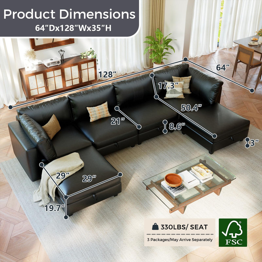 128" 6 Seat Modular Sectional Sofa, Convertible L & U Shaped Couch with Storage, Modern Leather Couch with Ottomans