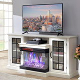 3-Sided Glass Fireplace TV Stand for TVs up to 65 Inches, Electric Fireplace Entertainment Center with 12-Color Flame and Closed Storage Cabinets, White