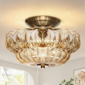 Semi Flush Mount Ceiling Light,Vintage Gold Hallway Lights Fixture | 11IN 3-Bulb Bright Even Light,Amber Glass Close