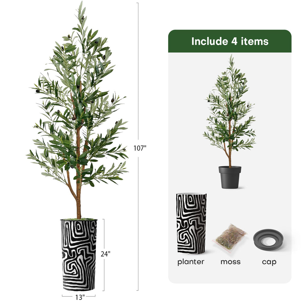 Artificial Tree in Modern Geometric Pattern Planter, Fake Olive Silk Tree for Indoor and Outdoor Home Decoration