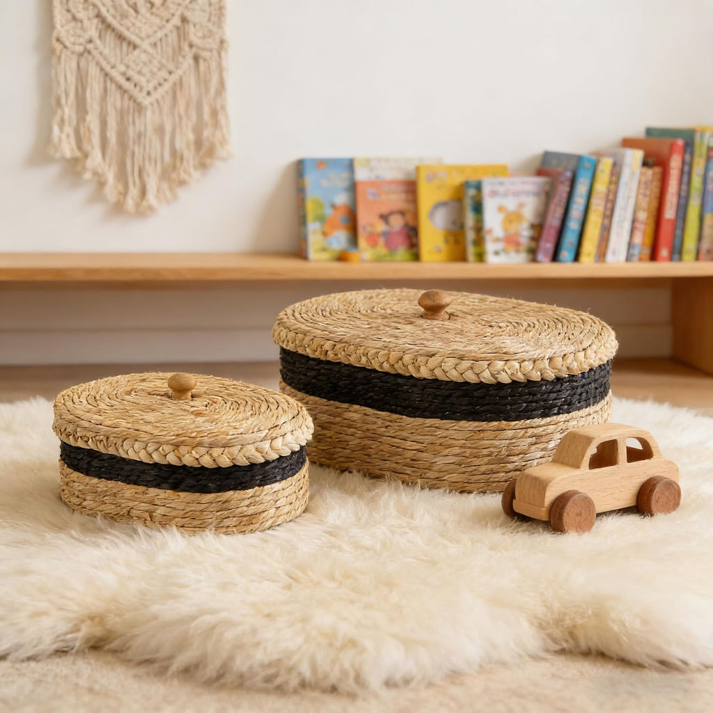 Set of 2 Woven Basket with Lid, Oval Decorative Storage Rattan Box for Shelf Decor/Organization, Boho Jewelry